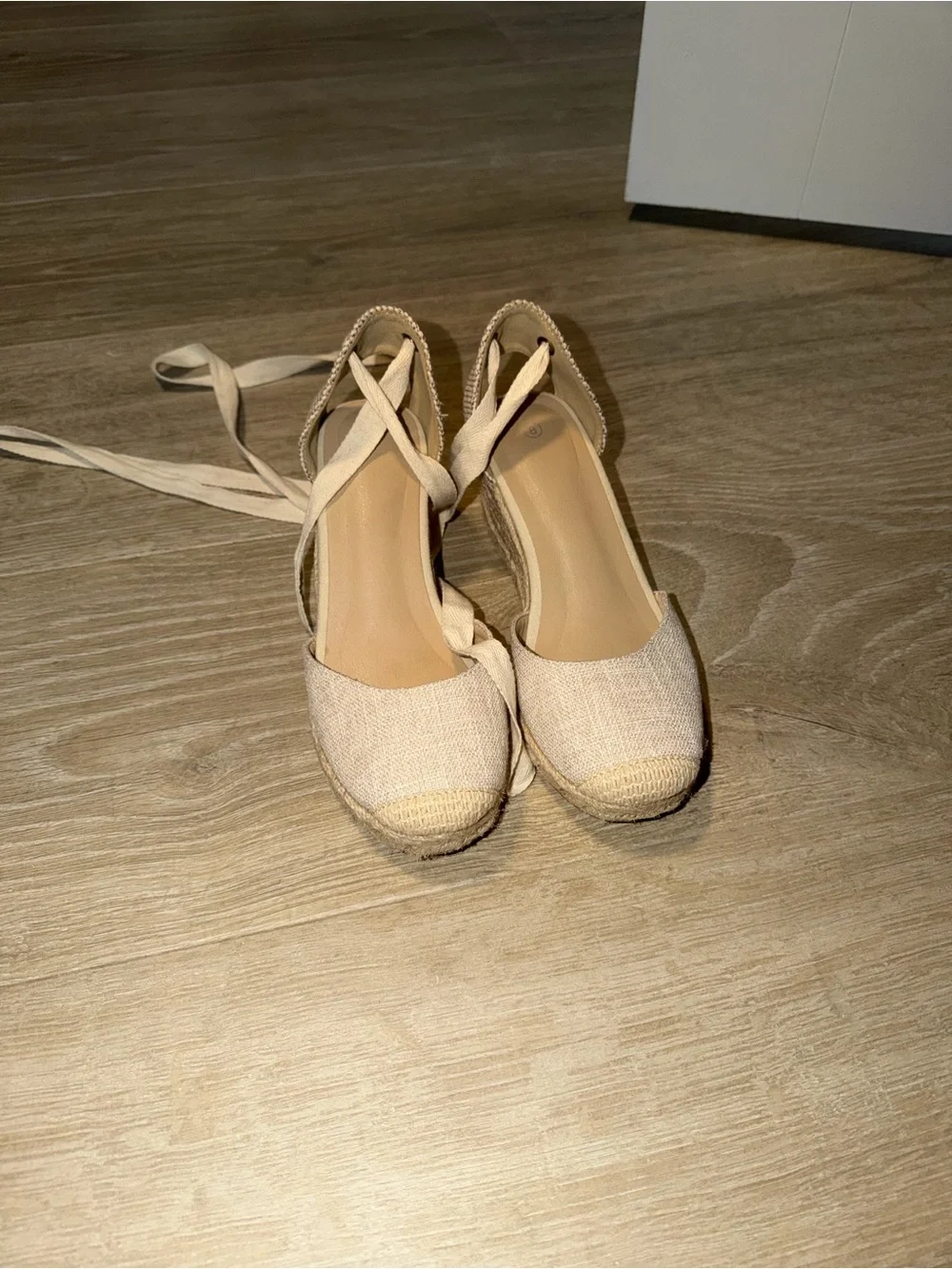 Canvas Espadrille Lace-Up Flats in Beige